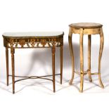 A gilt wood hall table, 76cms (30ins) wide; together with a distressed painted, a gilded plant stand