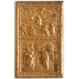 A gilt metal plaque depicting religious scenes, inscribed to verso 'Benaki Museum, Greece, No.