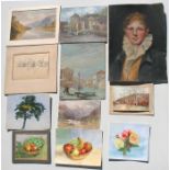 A folio containing unframed watercolours and pencil sketches to include landscapes, still life and