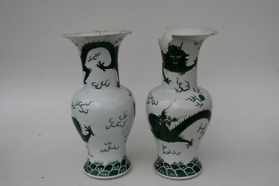 A pair of 19th century Chinese famille verte vases decorated with dragons chasing a flaming pearl, - Image 5 of 12
