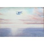 Johns - Seascape with RAF Bi-Plane - signed lower right, watercolour, framed & glazed, 36 by