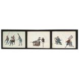 A set of three Chinese watercolour paintings on pith paper depicting prisoner or torture scenes, (