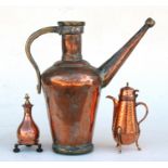 A Turkish copper coffee pot, 36cms (14ins) high; together with a smaller copper coffee pot, 19cms (