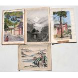 A group of unframed Chinese watercolours & block prints, to include Taoist Temple, the largest 28 by