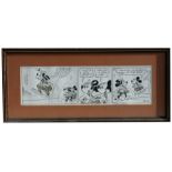An original Walt Disney Daily Comic Strip artwork depicting Mickey Mouse, Minnie Mouse and Goofy,