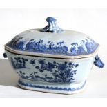 A 19th century Chinese blue & white tureen & cover decorated with flowers and having mythical