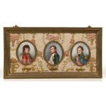 A group of three portrait miniature paintings depicting Napoleon, Murat and Ney, mounted as one in a