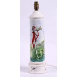 An Italian pottery table lamp of cylindrical form decorated with a scene of a huntsman, 46cms (