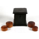 An early oak tobacco box in the form of a money box with poetic inscription to underside, 15cms (