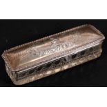 A large oblong silver topped cut glass dressing table box, London 1904, 21cms (8.25ins) wide.