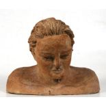 Katy Sanders, a pottery bust depicting a young man, signed and numbered '55' to underside, 39cms (
