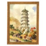 Ling (Chinese School) - Pagoda with Figure in the Foreground - signed lower left, watercolour,