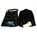 A Scottish Campbell of Argyll kilt, jacket and accessories, to include a leather sporran, a