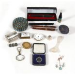 Two pocket watch movements, turquoise set boxes, fountain pens and other items