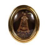 A South American seed picture depicting a young woman in ceremonial robes, framed & glazed, 17 by