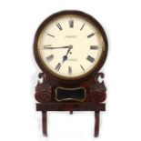 A 19th century mahogany drop-dial fusee wall clock, the white painted dial with Roman numerals and