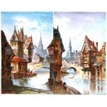 A pair of continental porcelain plaques decorated with Dutch town river scenes, with original