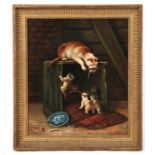 J Cellini - Mother Cat Feeding a Mouse to her Kittens - signed & dated '39 lower right, oil on