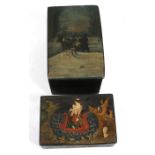 A Russian lacquer box with painted horse logging scene to the cover, with red interior, 14cms (5.