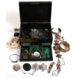A jewellery box containing Victorian and later jewellery to include an 18ct five-stone diamond