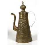 A Victorian brass coffee pot with embossed decoration depicting birds and flowers, 35cms (13.