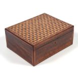 An early 19th century figured mahogany trinket box with Tunbridge style parquetry inlaid top and