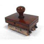 A French mahogany stamp box, the lift up lid enclosing four compartments with twin blotting