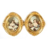 A pair of Victorian oval prints depicting children, in ornate gilt frames, 19 by 25cms (7.5 by 9.