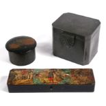 An Edwardian pewter tea caddy; together with a papier mache pen box and a Clark & Co. sewing