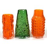 Three Whitefriars glass vases including a tangerine pineapple vase, 18cms (7ins) high (3).