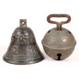 An 18th century bronze bell, 11cms (4.25ins) high; together with a crotal bell initialled 'R.W.' and