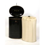 A 19th century Ravenscroft law wig and robe maker's black japanned judges wig tin with fabric wig