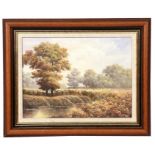 P Wilson - River Scene - signed lower left, oil on canvas, framed, 39 by 29cms (16.25 by 11.5ins).