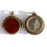 Two hardstone set gold watch chain fobs, one set with a compass.
