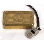 A WWI Queen Mary Christmas tin; together with a J Hudson & Co. Acme 'Over the Top' whistle dated