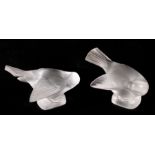 A pair of Lalique frosted glass studies of a birds. Etched Lalique France to base. 12cm (4.75 ins)