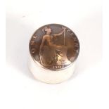 A coin set pill box set with a 1902 penny top and bottom, 2.5cms (1ins) high.
