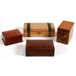 A Victorian brass bound oak pencil box, 23cms (9ins) wide; together with a burr wood table top