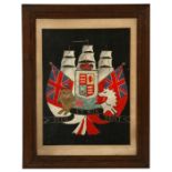 A 19th century sailor's silkwork picture depicting flags and sails, framed & glazed, 31 by 41cms (