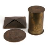 A WWI Death penny in cardboard outer (name erased); together with a trench art tobacco box