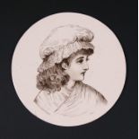 A Howell & James Art Pottery Exhibition plaque decorated with a young girl, exhibition label to
