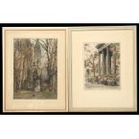 Two continental aquatints - Church Scene - and - Market Scene - both indistinctly signed in pencil