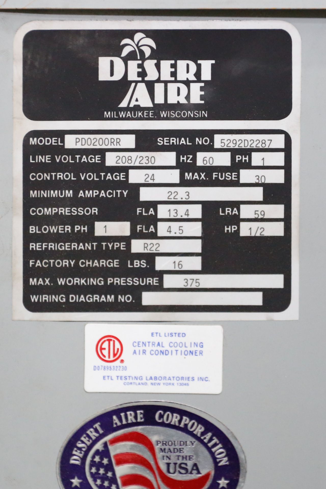 DESERT AIRE HVAC SYSTEM MOD. PD0200RR, 208/230 VOLTS, S/N: 5292D2287 / SYSTÈME HVAC DESERT AIRE MOD. - Image 2 of 2