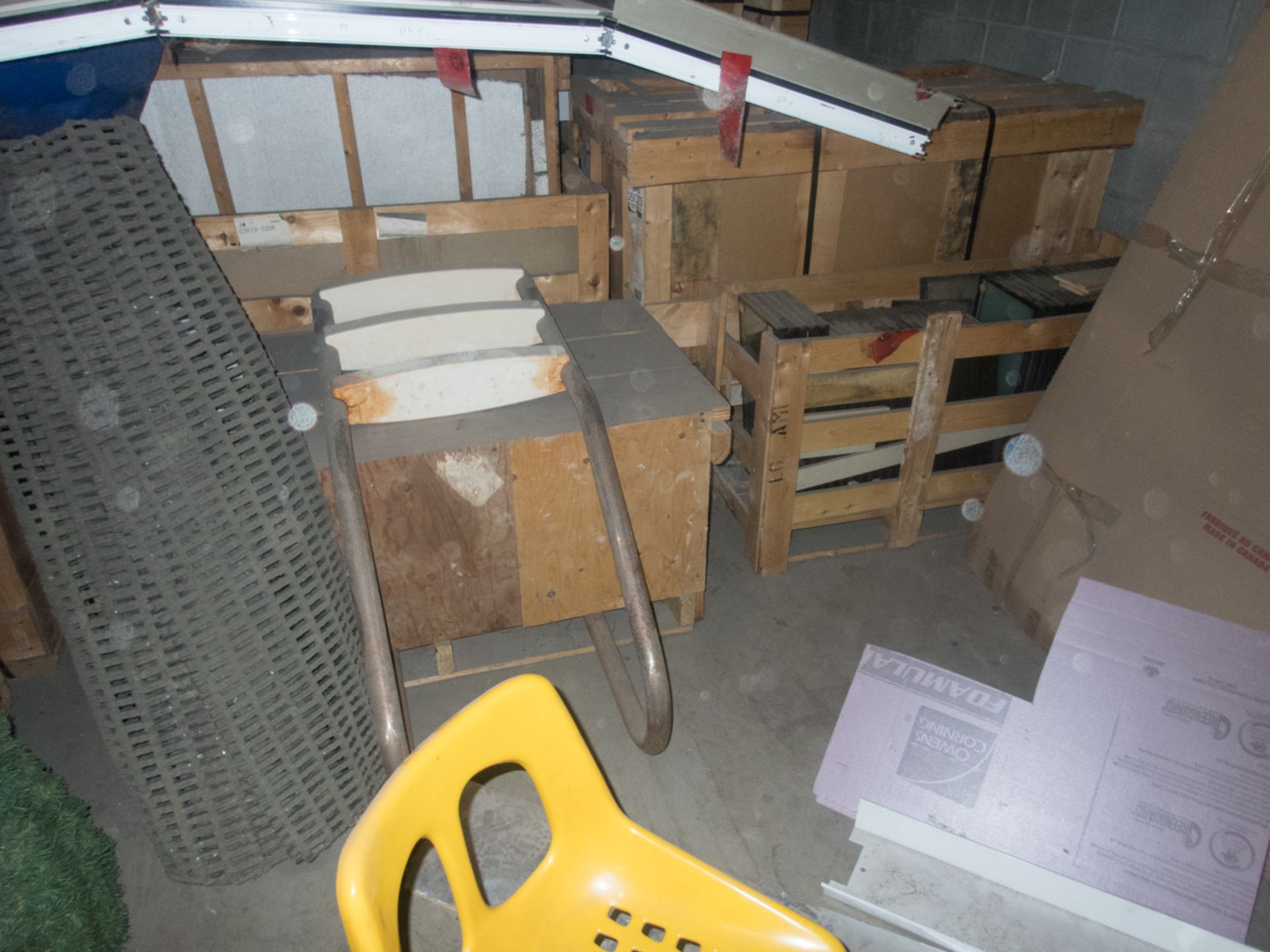 LOT OF ASSORTED STYROFOAM, INSULATION PANELS, GLASS ETC (BASSINETTE/ANTIQUES NOT INCLUDED)