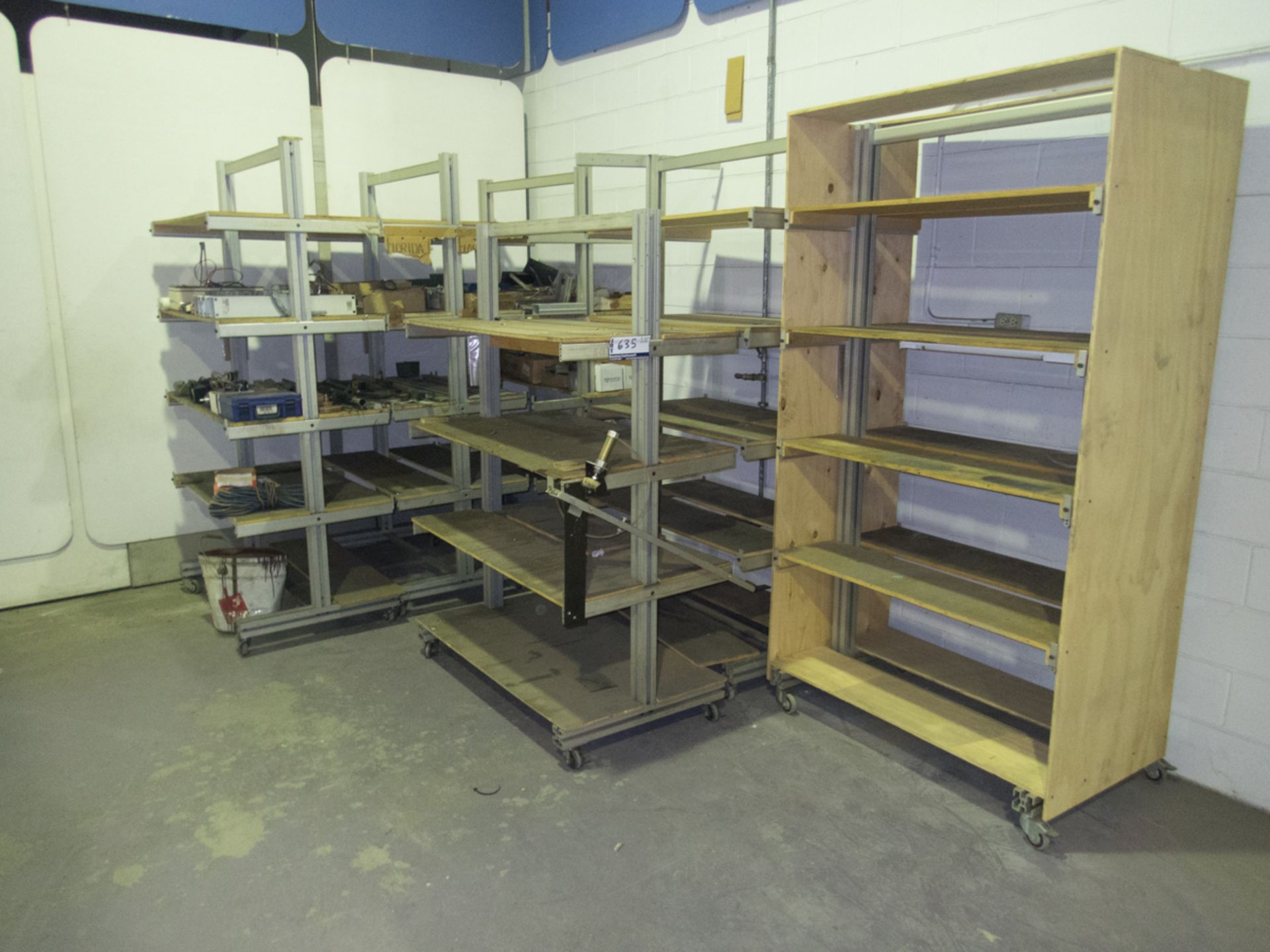 LOT OF (6) MOBILE SHELVES W/ CONTENTS