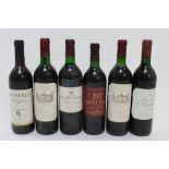 A collection of six bottles of wine to include Les Granges du Chateau Fonreaud, Haut- Medoc, 1990