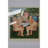 A signed limited edition print by Beryl Cook, "Tea in the garden" 59cm x 49cm