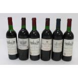 A collection of six bottles of wine to include Chateau Marquis de Lalande, Saint-Julien, 1995,