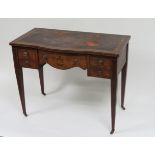 A Victorian inlaid rosewood ladies writing table having bow front, inset leather top central