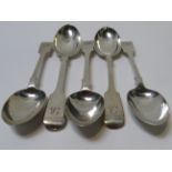 A matched set of five Victorian silver fiddle pattern dessert spoons, total 8.3ozt